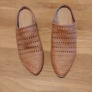 Woven leather heeled slip on mules